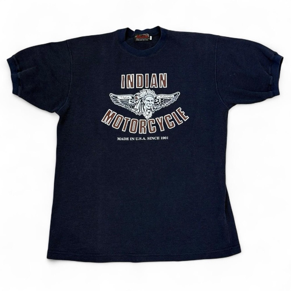 Vintage Indian Motorcycle Waffle Knit Thermal Navy Blue Shirt Adult 4 (XL) USA